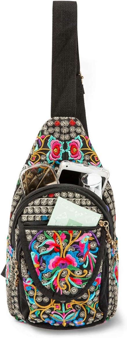 SILKAREA Embroidered Canvas Sling Backpack for Women Travel Chest Bag Crossbody Backpack Purse Shoulder Bag Medium