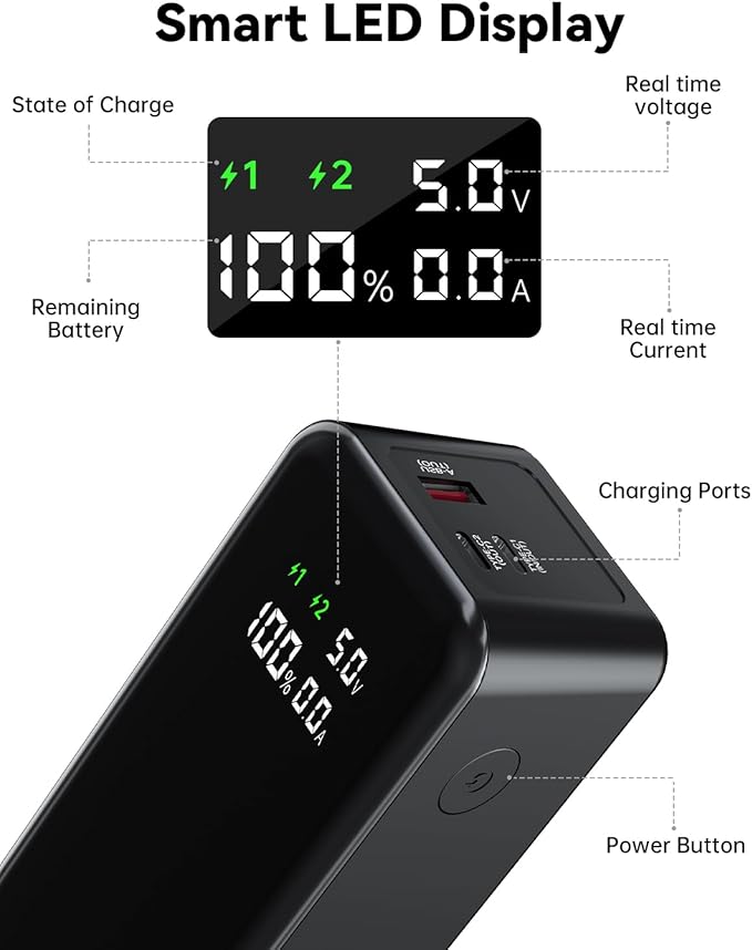 27000mah Power Bank, High Capacity 3-Port Laptop Portable Charger, 120 W Fast Charging, Smart Display for Outdoor Work, Compatible with iPhone 16/15/14 Series, Vision Pro, Samsung, MacBook and more.