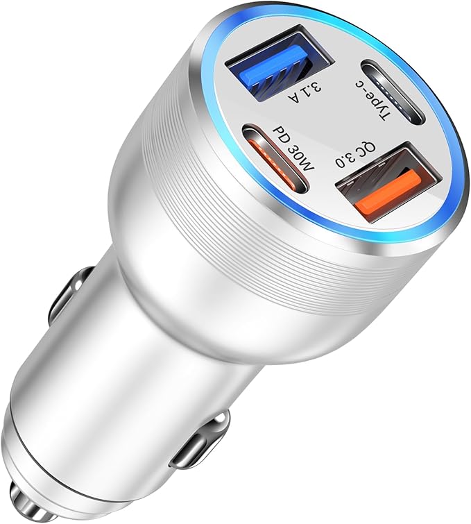 USB C Car Charger, Bangfun 65W 4 Port Dual 12V USB C & USB A Car Cigarette Lighter Adapter QC/PD 30W Fast Charge Car Phone Charger for iPhone 16 15 14 13 12 iPad Pro,Samsung,Pixel(Silver)