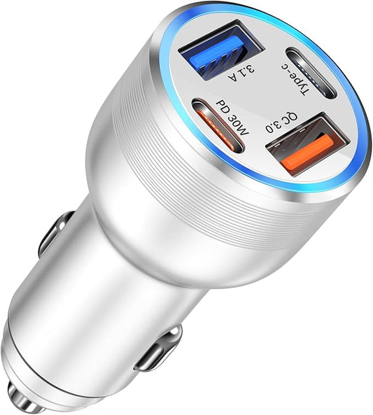 USB C Car Charger, Bangfun 65W 4 Port Dual 12V USB C & USB A Car Cigarette Lighter Adapter QC/PD 30W Fast Charge Car Phone Charger for iPhone 16 15 14 13 12 iPad Pro,Samsung,Pixel(Silver)