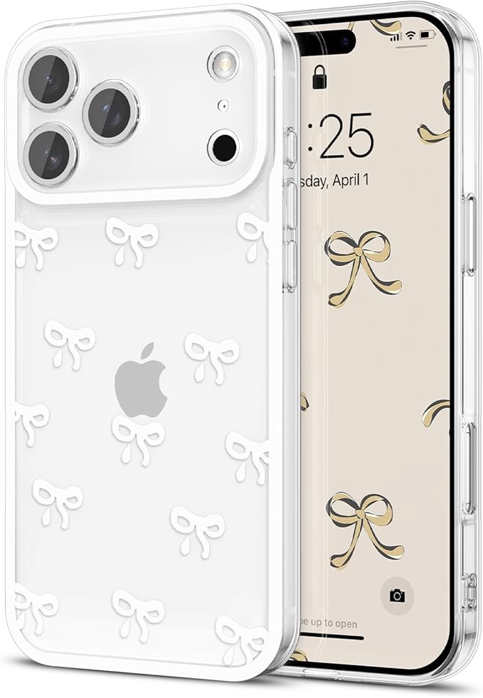 EYZUTAK Case for iPhone 17 Pro Max, Clear Cute Ribbon Bowknot Pattern Aesthetic Transparent Phone Case Raised Camera Protection Stylish Slim Soft Durable TPU Protective Cover for Women Girls - White