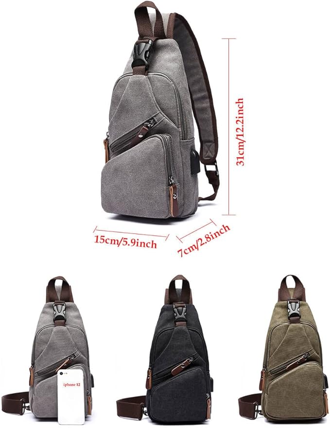 Canvas Sling Bag Crossbody Backpack Shoulder Casual Rucksack for Men Women Outdoor Cycling Hiking Travel Fishing Green