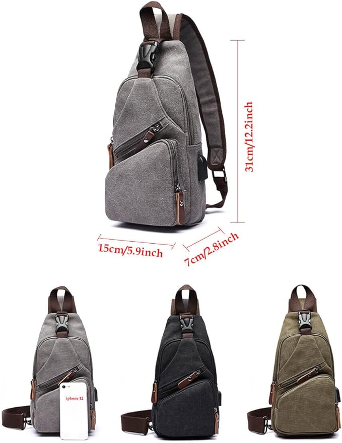Canvas Sling Bag Crossbody Backpack Shoulder Casual Rucksack for Men Women Outdoor Cycling Hiking Travel Fishing Grey