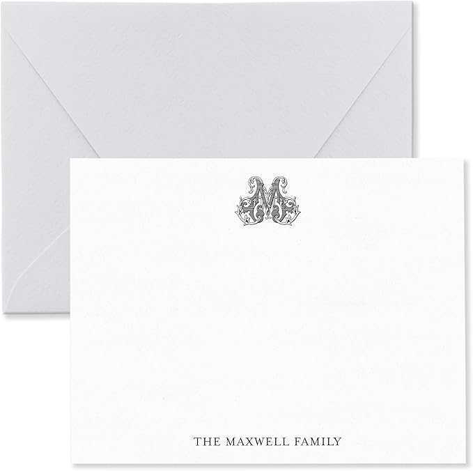 Classic 1 Letter Monogram Note Card and Envelope Stationery Set, Traditional Monogrammed Personalized Stationary in Choice of Set Size and Colors (Monogram with Name at Bottom)