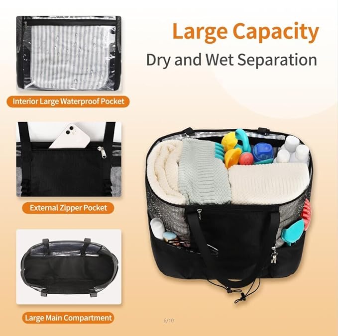 Mesh Beach Bag, Extra Large Beach Bags for Women, Lightweight Foldable Sandproof Tote Bag for Family & Vacation
