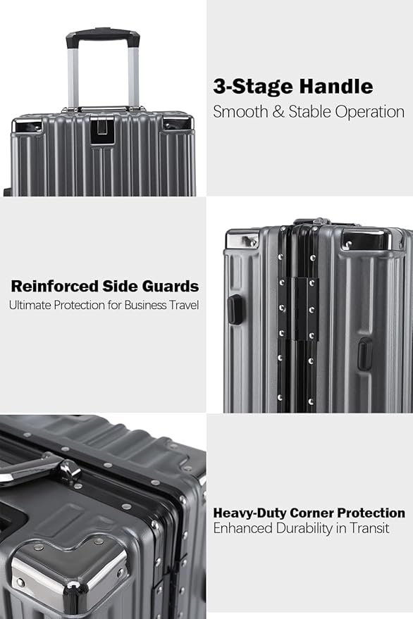 HotWay 26 Inch Aluminum Frame Luggage with Spinner Wheels, PC Hard Shell Suitcase with Cup Holder, Zipperless Luggage for Business Travel, Gray