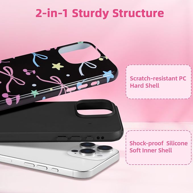 QLTYPRI Case for iPhone 16 Pro Max, Aesthetic Colorful Bow Cherry Stars Phone Case for Girls Women, Protective Hybrid 2-Layer Hard Shell Silicone Cover Durable Shockproof Phone Cover - Black