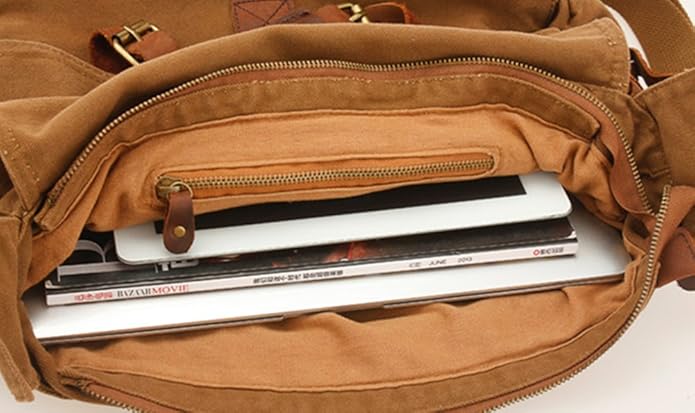 Sechunk Vintage Military Leather Canvas Laptop Bag Messenger Bags Medium