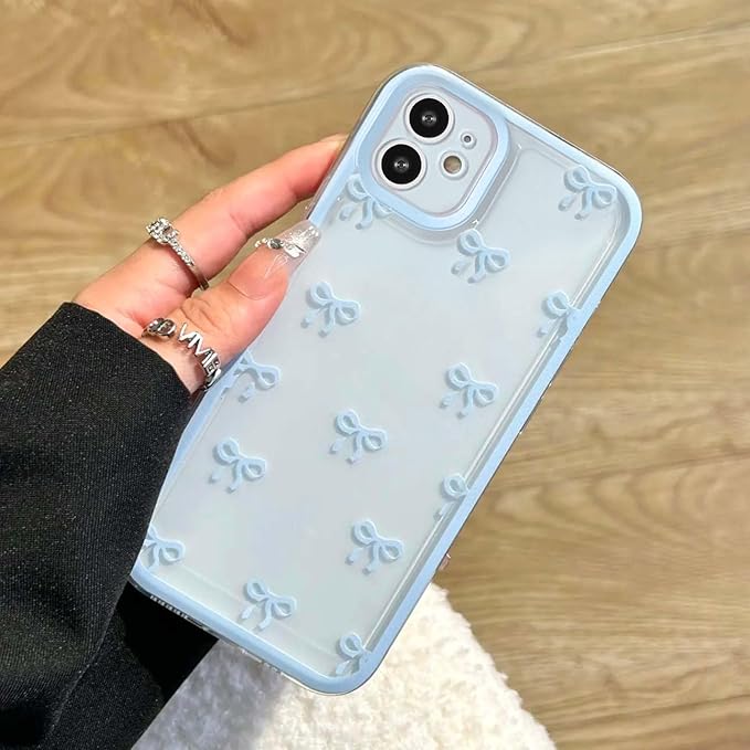 EYZUTAK Case for iPhone 11, Clear Cute Ribbon Bowknot Pattern Aesthetic Transparent Phone Case Raised Camera Protection Stylish Slim Soft Durable TPU Protective Cover for Women Girls - Blue
