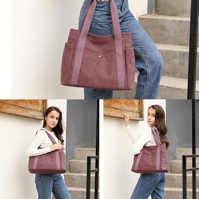 Women's Canvas Tote Handbags Multi-pocket Retro Casual Shoulder Bag Top Handle Satchel Tote Purse