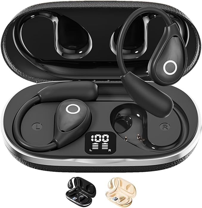 Open Ear Earbuds Wireless Bluetooth Headphones, 60Hrs Playtime Stereo Sound Earphones with IPX7 Waterproof Ear Buds, Ideal for Fitness, Travel - Black
