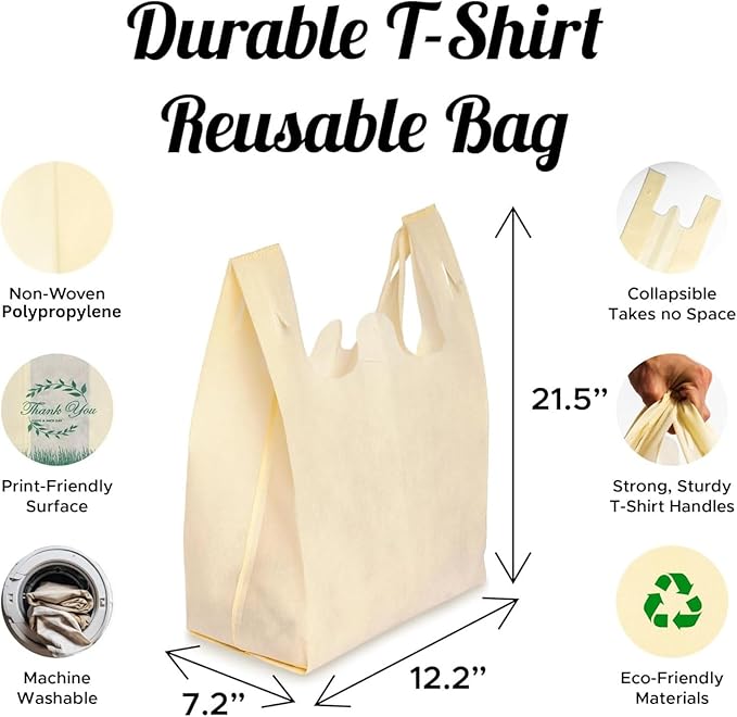 Simply Cool 300 Pack Reusable Eco-Friendly Grocery T-Shirt Shopping Bags 21.5”x12.2”x7.2” Durable Recyclable Washable Foldable Portable Tote Bags Bulk