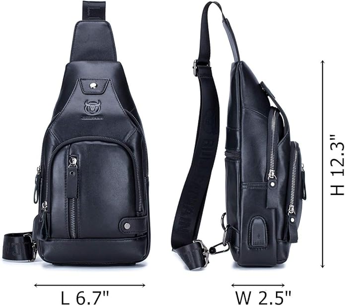 BULLCAPTAIN Men Sling Crossbody Bag with USB Charging Port Genuine Leather Shoulder Chest Bag Travel Hiking Backpack (Black)