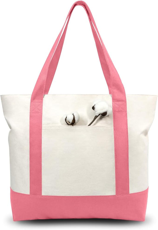 TOPDesign 6-Pack Canvas Tote Bags with an External Pocket, Reusable Grocery Shopping Bags, Top Zipper Closure, Daily Essentials (Rose Pink/Natural)