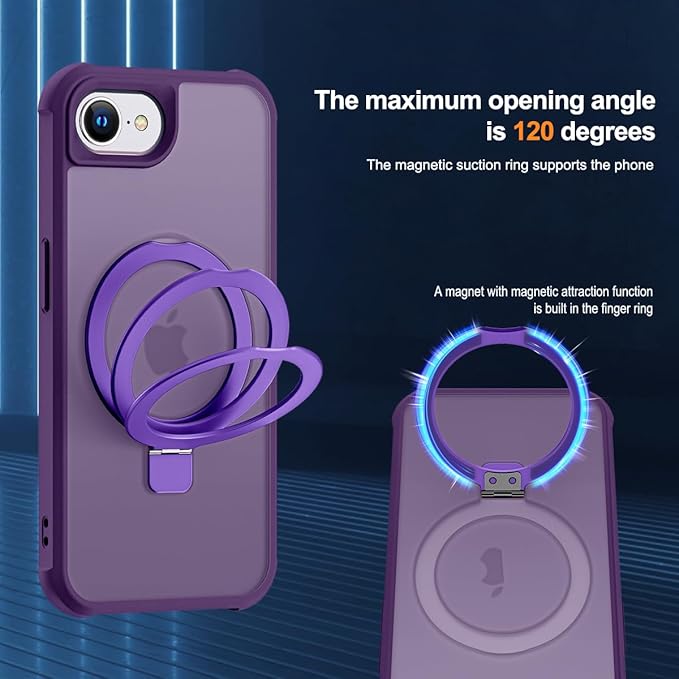 Compatible with iPhone 16E Case with Invisible Magnetic O-Ring Stand Military-Grade Translucent Case for iPhone 16E 6.1" 2025 [Compatible with Mag-Safe][Great Grip Feeling], Purple