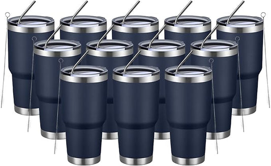 MEWAY 30oz Insulated Tumbler With Lids and Straws,Stainless Steel Double Vacuum Coffee Tumbler Cup, Brush, Durable Powder Coated Coffee Cup for Cold & Hot Drinks, Office, Travel(Navy,12 PACK)