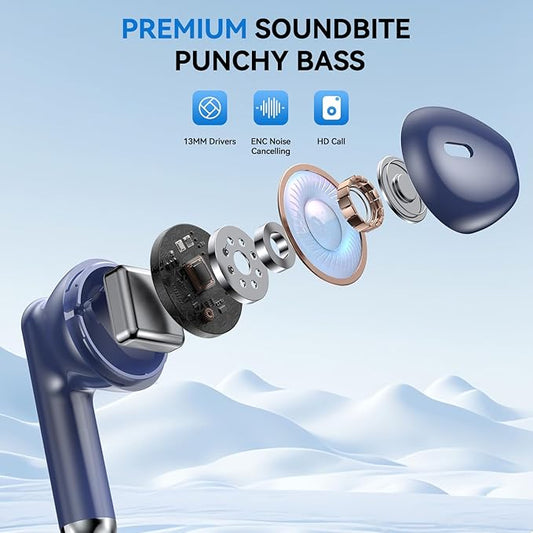 Wireless Earbuds, 2025 Bluetooth 5.4 Bass Stereo Headphones with 4 ENC Mic, 50H Playback Ear Buds with Charging Case LED Display,Sport Earphones IPX7 Waterproof for Phone, Android, Pad, Blue