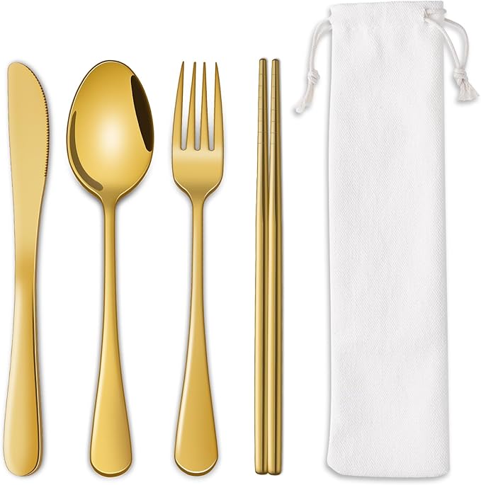 Gold Travel Utensils Set With Pouch,Outdoor Camping Silverware Set For Picnic Gadgets,Set Of 5 Portable Cutlery Spoon And Fork Set With Case For Dining