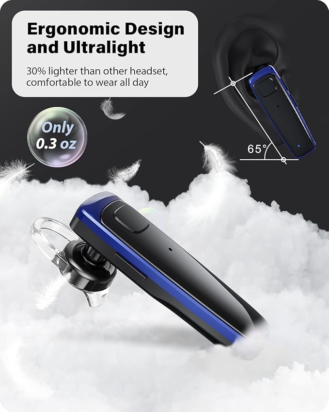 Bluetooth Headset - V5.0 Wireless Handsfree Earpiece Built-in Dual Mic Noise Cancelling, 10 Days Standby 16Hrs HD Talktime Ultralight Headset for iPhone Android Samsung Laptop(Blue)