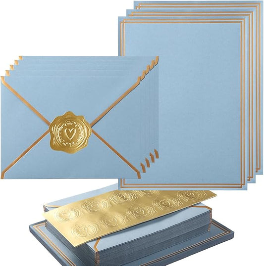 50 Pack Stationery Set with Gold Border, A6 Envelopes and 6x8 Paper Sheets and Stickers for Writing Letters (Dusty-Blue, 6x8 Inches)