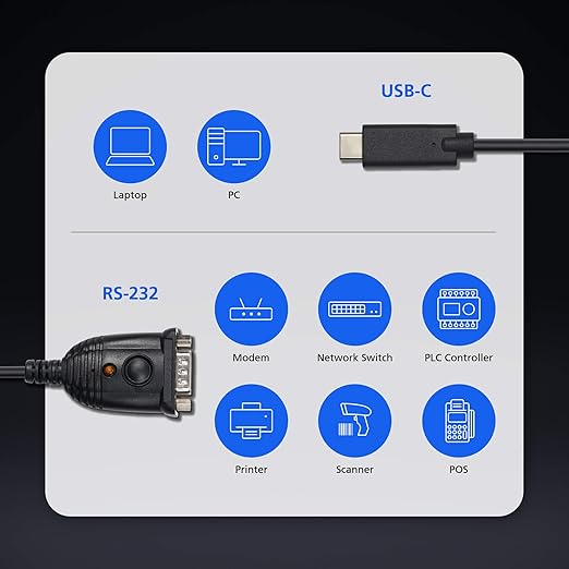 ATEN UC232C USB-C to RS-232 Adapter Cable - USB Type C Male Connectivity for laptops PCs Without a COM, DB-9 Serial Port for Windows, Mac, and Linux, Black