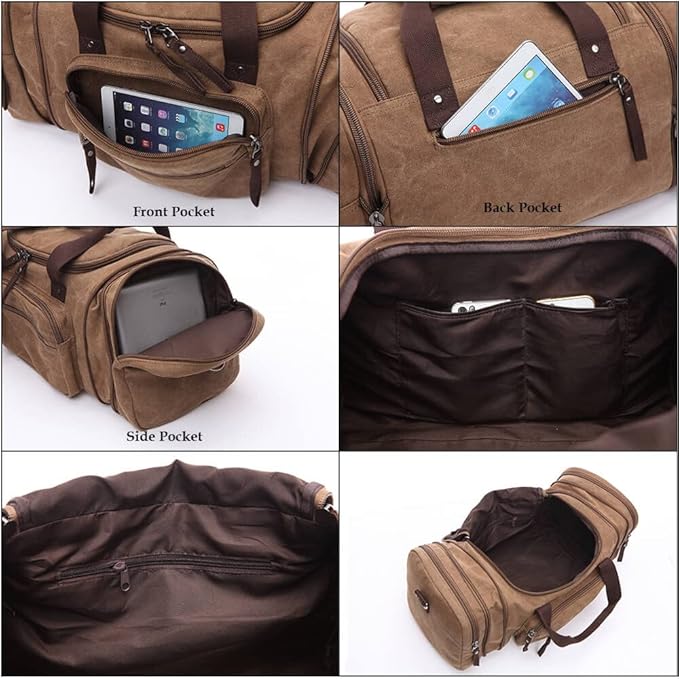 Duffle Bag for Travel, Large Canvas Duffel Bag for Travelling Overnight Weekender Bag Carry On Bag for Men Women Coffee