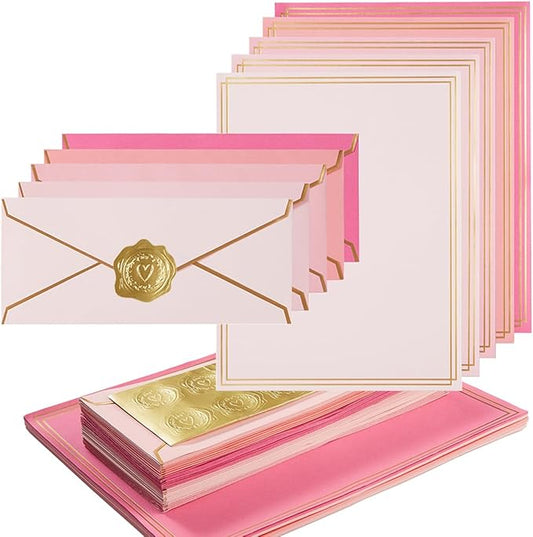 50 Pack 5 Colors Stationery Set with Gold Border, #10 Business Envelopes and 8.5x11 Paper Sheets and Stickers for Writing Letters (Pink)