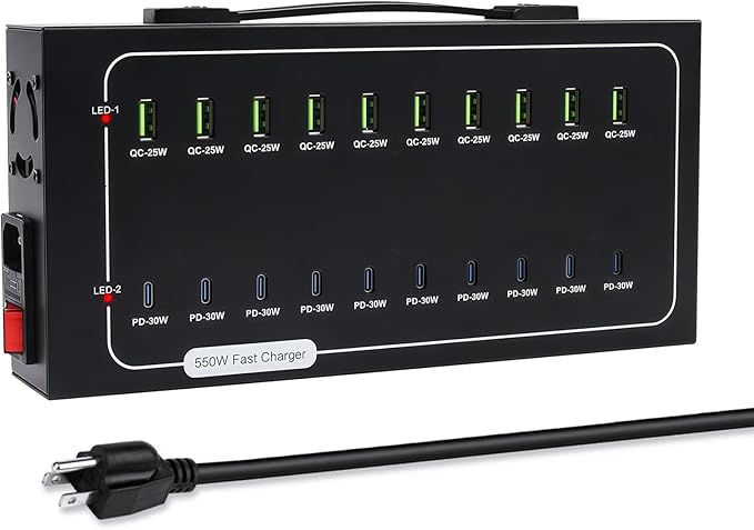 550W USB Charging Station, 20 Port (10 PD+10 QC) USB C Charger Block, Fast Charging Station for Multiple Devices with Smart Power Delivery for iPhone, iPad, Tablet and More