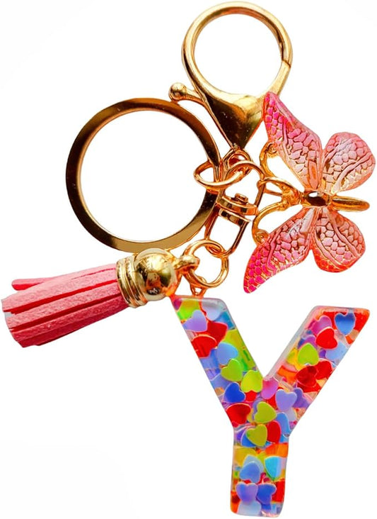 Cute Initial Letter Keychains for Women Girls Tassel Butterfly Pink Purple Green Keychain for Backpack School Bag