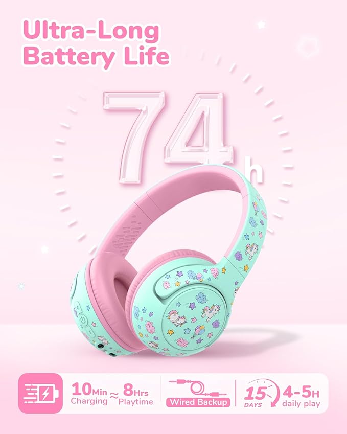 iClever BTH27 Toddler Headphones for 2+ Year Old-CPC Certified, 75/80dBA Safe Volume Limited, 74H Playtime, Bluetooth 5.4, BPA Free, Kids Bluetooth Headphones Aux Cord for Travel iPad, Green/Pink