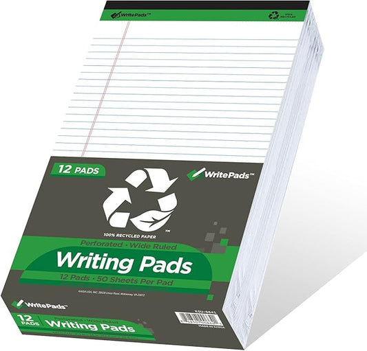 KAISA White Legal Pads Writing Pads Recycled Paper, 8.5"x14" Wide Ruled Lined Paper Perforated 50 sheets Hard Back Notepads Large Legal Pad Writing Tablet For Office Supplies (White 12pads)