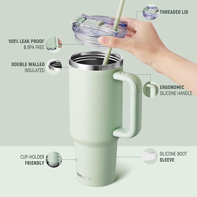 40 oz Tumbler with Handle and Straw Lid,Insulated Reusable Stainless Steel Water Bottle Travel Mug，Cupholder Friendly Double Wall Vacuum Sealed Cup (Light Green)