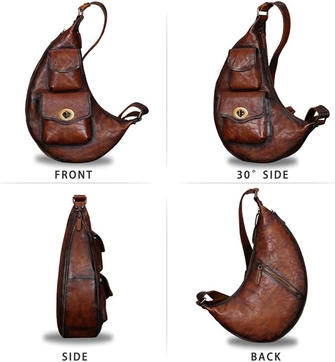 Genuine Leather Large Sling Bag for Men and Women Vintage Real Leather Sling Backpack Shoulder Crossbody Bag Chest Bag