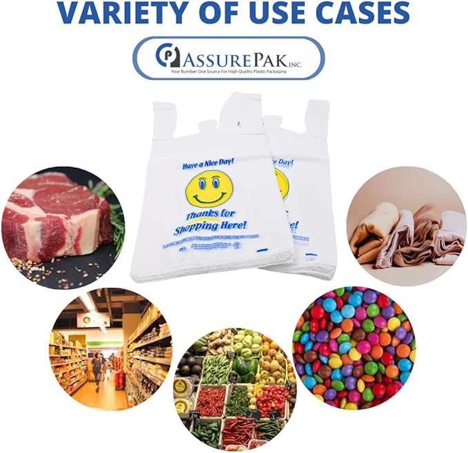 White Happy Face/Smiling Face HDPE T-Shirt Bags - 500 Bags - for Retail, Groceries, Merchandise, Convenience Store, Supermarket, Restaurant - 11.5"x 6"x 21" - 18 microns - White