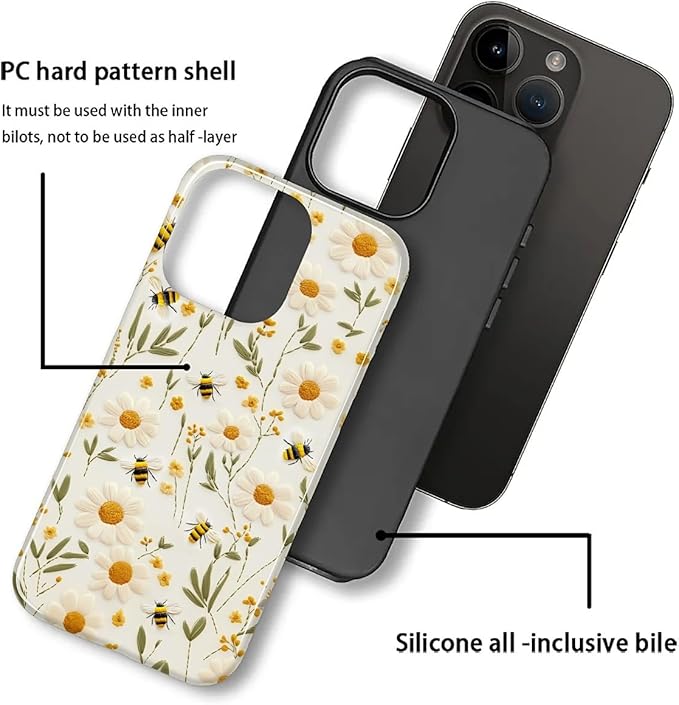 Case for iPhone 13 Pro Max Case,Bees Sunflowers Design - Hybrid Dual Protection Silicone + Hard PC Shockproof Full Body Cover Slim Anti-Scratch Protective Case for Men Women