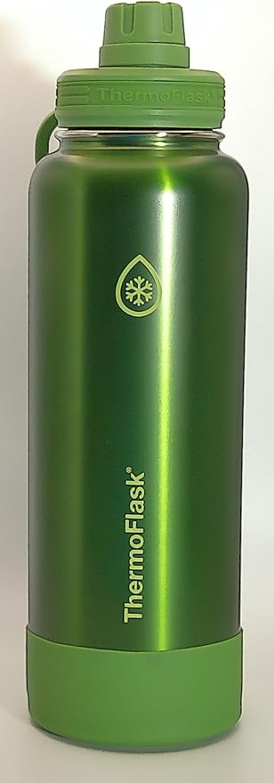 ThermoFlask 40 oz Bottle with Spout and Straw Lid - Stainless Steel, Double-Wall Insulation & BPA-Free - Leakproof, Resuable - Forest Green/Purple Sunset (2 Pack)