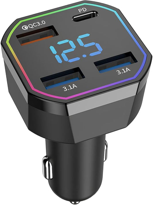 65W USB C Car Charger Adapter 4 Port Fast Charging with QC3.0 & PD2.0, Digital Display, Compatible with iPhone 16–8, Galaxy S25–S8, iPad, Pixel