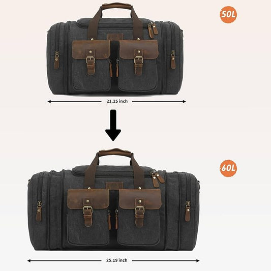 Imyth Retro Crazy Horse Leather Canvas Duffle Bag 60L Expandable Travel Bag for Airplanes (Black)