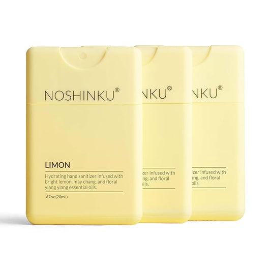 Noshinku - Refillable Hand Sanitizer Limon 3-Pack, Travel Size Spray with Hydrating Botanical Oils, Natural Ingredients, All Natural Fragrances, Sugarcane Derived Alcohol, No Parabens, No Dyes