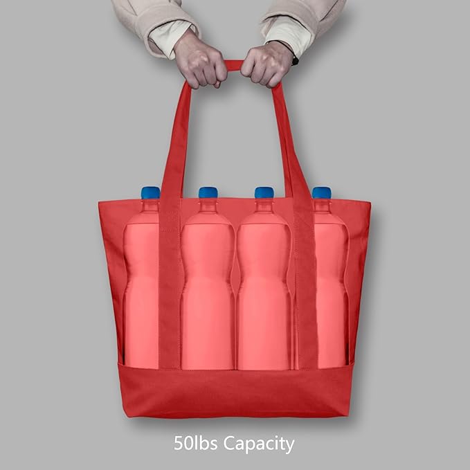 TOPDesign 1-Pack Canvas Tote Bags with an External Pocket, Reusable Grocery Shopping Bags, Top Zipper Closure, Daily Essentials (Red)