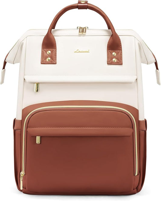 LOVEVOOK Leather Backpack for Women,18 inch Leather Laptop Backpack Women,Professional Work Backpack Nurse College Teacher Bag,Womens Laptop Tote Bag Computer Travel Backpack Purse,Beige White-Brown