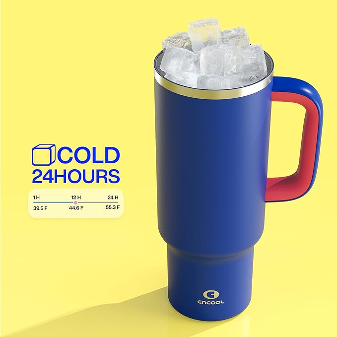 40 oz Tumbler with Handle and Straw: Stainless Steel Insulated Tumbler Keeps Cold for 24 Hours, Leakproof Travel Cup Fits in Cup Holder and BPA-Free, Beaucoup Blue