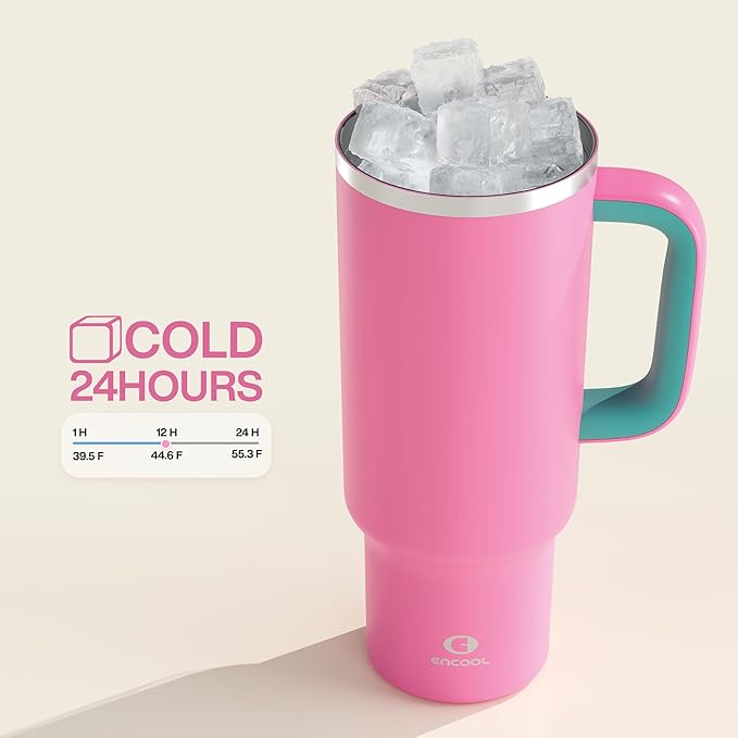 40 oz Tumbler with Handle and Straw: Stainless Steel Insulated Tumbler Keeps Cold for 24 Hours, Leakproof Travel Cup Fits in Cup Holder and BPA-Free, Light Crimson