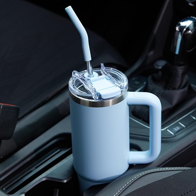 30 oz Tumbler with Handle, Tumbler with Lid and Straw, Double Wall Vacuum Insulated Travel Mug Stainless Steel Tumbler for Hot and Cold, Cupholder Friendly (Blue)