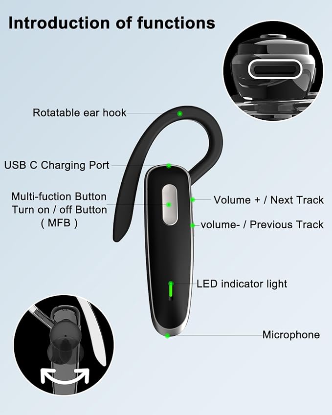 Bluetooth Headset, V5.1 Ultralight Wireless Handsfree Earpiece Cell Phone with Noise Cancellation Microphone for PC Tablet/Laptop Computer, Headphones for Trucker/Driver/Business- Black