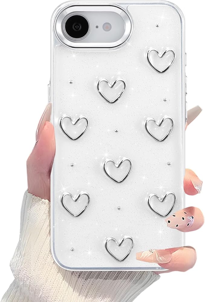 EYZUTAK Case for iPhone 16e, Bling Glitter 3D Hearts Phone Case Cute Sparkly Crystal Clear Heart Aesthetic Design Cover Slim Soft Durable TPU Transparent Protective Cover for Women Girls - Heart
