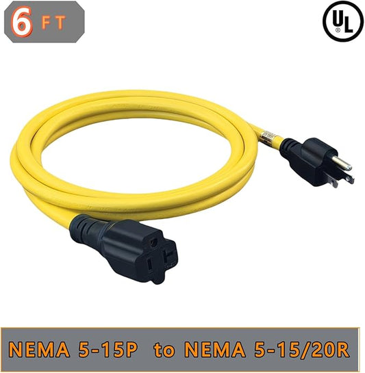 6-Feet 15 Amp Household AC Plug to 20 Amp T Blade Adapter Cable，14AWG 6-Foot 15 Amp to 20 Amp Plug Adapter Cord Nema 5-15P to 5-15R/5-20R 20Amp Comb AC Power Cord, Yellow