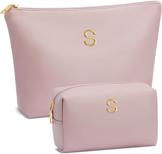 Women Gifts | Initial Makeup Bag Set for Girl Personalized Gifts for Bridesmaid Friend Graduation Teachers PU Leather Cosmetic Travel Toiletry Bag(Pink,S)