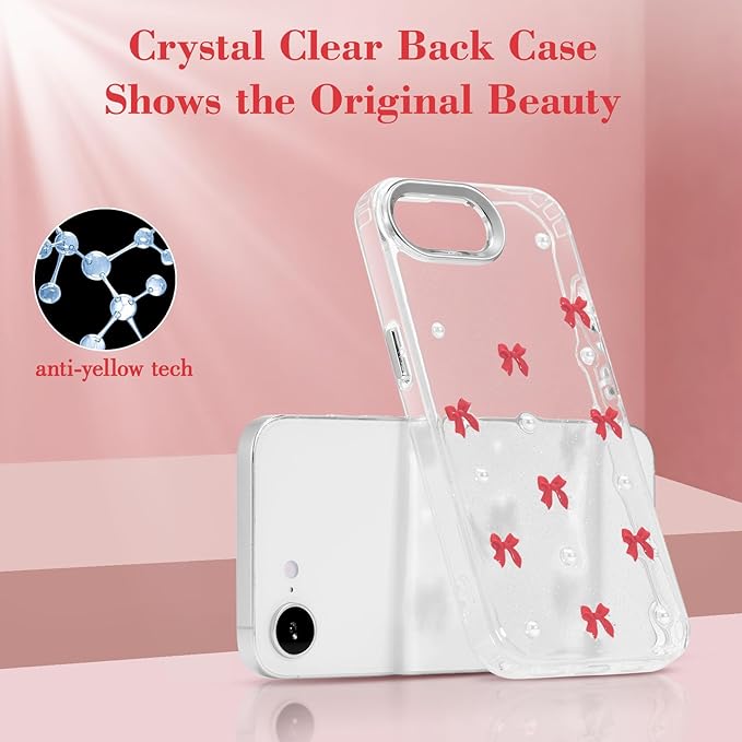 EYZUTAK Case for iPhone 16e, Bling Glitter 3D Bowknot Phone Case Cute Sparkly Crystal Clear Bow Aesthetic Design Cover Slim Soft Durable TPU Transparent Protective Cover for Women Girl - Red Bow