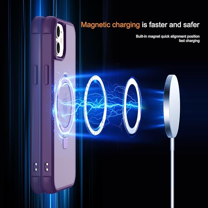 Magnetic Compatible with iPhone 12/12 Pro Case with Stand [Military Grade Drop Tested][Compatible with Magnet] Ring Translucent Slim Hard Back Soft Edge, Purple